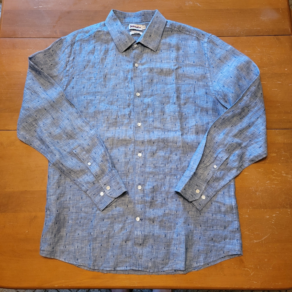 Mens 100% Linen Blue Dobby Slim Fit Button Down Shirt By Fabindia Size 42 / L